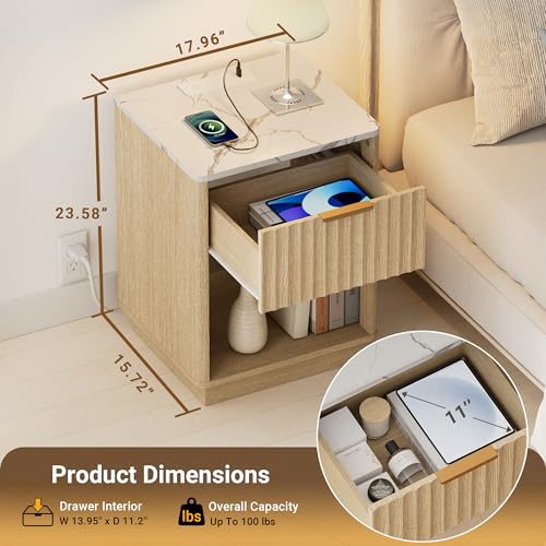 Fluted Nightstand, Night Stand Set 2, Nightstands Set of 2 with Charging Station and Faux Marble Top, Wooden End Table with Drawer, Modern Bedside Table for Bedroom Living Room, Natural Oak - color: Natural Oak + Faux Marble Top, size: 1 Drawer（18"W）