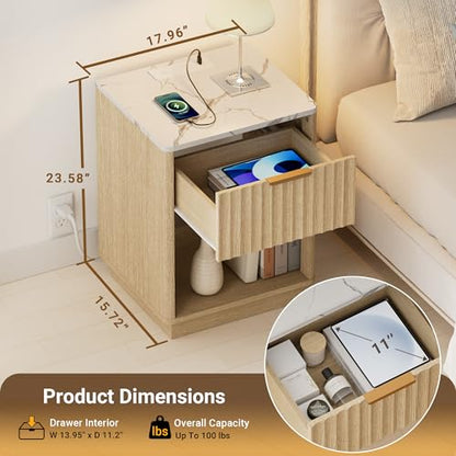 Fluted Nightstand, Night Stand Set 2, Nightstands Set of 2 with Charging Station and Faux Marble Top, Wooden End Table with Drawer, Modern Bedside Table for Bedroom Living Room, Natural Oak - color: Natural Oak + Faux Marble Top, size: 1 Drawer（18"W）