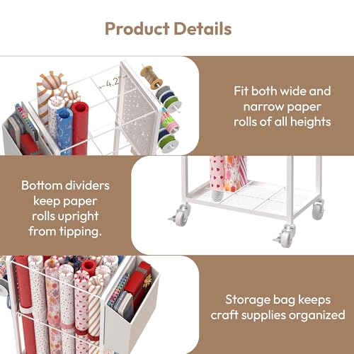 Wrapping Paper Storage Cart Station with 12PCS Slap Bands | Rolling Gift Wrap Storage Organizer, Vertical Wrapping Paper Cart, Ribbon Holder Rack, Craft Organizers and Storage Christmas