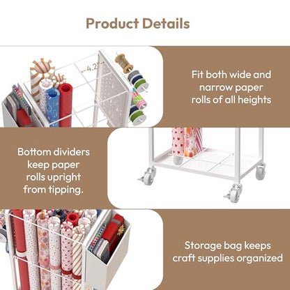 Wrapping Paper Storage Cart Station with 12PCS Slap Bands | Rolling Gift Wrap Storage Organizer, Vertical Wrapping Paper Cart, Ribbon Holder Rack, Craft Organizers and Storage Christmas