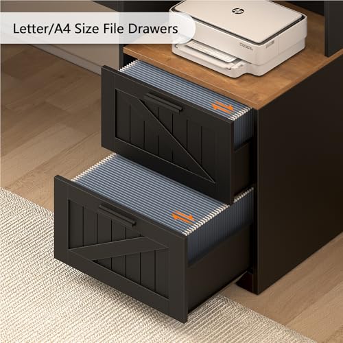 TVU Farmhouse L Shaped Desk with Drawers, 62.2" Home Office Desk with Storage Shelves and Power Outlet, L Shaped Computer Desk with Monitor Stand and Printer Shelf, Brown and Black - color: Brown and Black