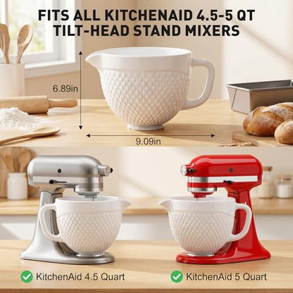 COFUN Ceramic Mixer Bowl for KitchenAid 4.5-5 Qt Tilt-Head Stand Mixers | Mixing Bowl with Handle & Pour Spout, Oven/Microwave/Dishwasher Safe - color: Whier-Ceramic
