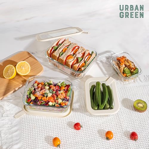Urban Green Glass Food Storage Containers with Glass Lids, Microwave Safe Food Container Set, Aitight Meal Prep Container Set, LeakProof, 100% Plastic Free, 4 Pack - color: ‎Ivory White -4p