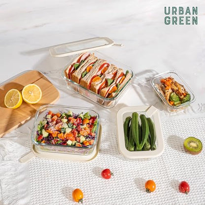 Urban Green Glass Food Storage Containers with Glass Lids, Microwave Safe Food Container Set, Aitight Meal Prep Container Set, LeakProof, 100% Plastic Free, 4 Pack - color: ‎Ivory White -4p
