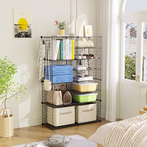 C&AHOME Wire Cube Storage Unit, Interlocking Metal Wire Organizer with Divider Design, Modular Cabinet with Plastic Panels, Bookshelf Stackable Closet Organizer with Small Hooks, Black UWCSIM08B - color: Black