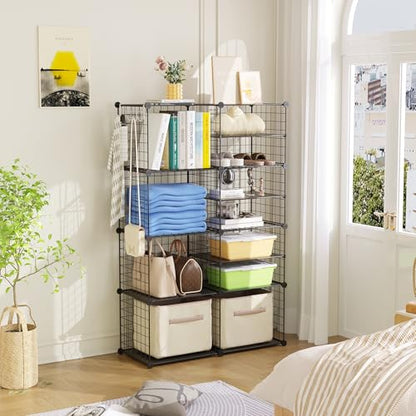 C&AHOME Wire Cube Storage Unit, Interlocking Metal Wire Organizer with Divider Design, Modular Cabinet with Plastic Panels, Bookshelf Stackable Closet Organizer with Small Hooks, Black UWCSIM08B - color: Black