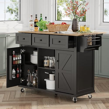 Kitchen Island with Storage on Wheels, 53" Large Rolling Kitchen Island with Drop Leaf, Mobile Kitchen Islands Cart with 3 Drawers 2 Cabinet, Open-Shelf, Islands Table (Black, 3 Drawers)