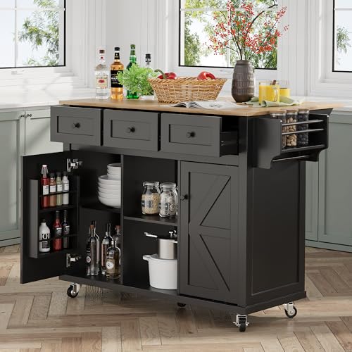 Kitchen Island with Storage on Wheels, 53" Large Rolling Kitchen Island with Drop Leaf, Mobile Kitchen Islands Cart with 3 Drawers 2 Cabinet, Open-Shelf, Islands Table (Black, 3 Drawers)