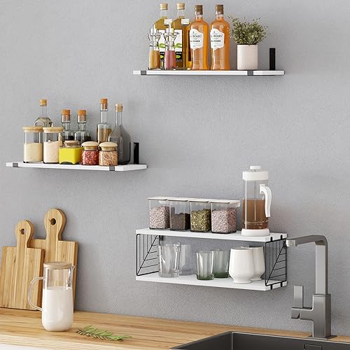 Fixwal 3+1 Tier Bathroom Floating Shelves Over Toilet, White | White Wood Shelf Set with Toilet Paper Storage Basket, Natural Finish, 40Lb Weight Limit, Quick Mount, Versatile - color: White