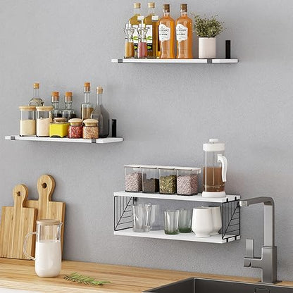 Fixwal 3+1 Tier Bathroom Floating Shelves Over Toilet, White | White Wood Shelf Set with Toilet Paper Storage Basket, Natural Finish, 40Lb Weight Limit, Quick Mount, Versatile - color: White