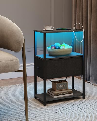 TUTOTAK Small Narrow LED End Table with Charging Station, Side Table Outlets, Nightstand with Cloth Drawer, Set of 2, Couch Table, for Living Room, Bedroom, Bedside, Charcoal Grey TB01BY059 - color: Charcoal Grey, style: 1 Drawer with Plug & Light