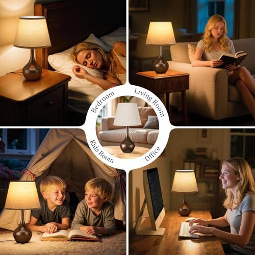 Seealle Touch Table Lamp for Bedroom, 3-Way Dimmable Small Bedside Lamps for Night Stands with Wires, Brown Desk Lamp for Kids Room, Office, Living Room, End Table(LED Bulb Included) - color: C. Oat Shade & Brown Base