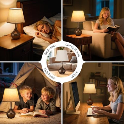 Seealle Touch Table Lamp for Bedroom, 3-Way Dimmable Small Bedside Lamps for Night Stands with Wires, Brown Desk Lamp for Kids Room, Office, Living Room, End Table(LED Bulb Included) - color: C. Oat Shade & Brown Base