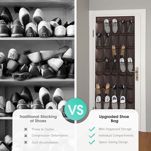 WVM Over the Door Shoe Organizer with 35 Breathable Mesh Pockets, Hanging Shoe Organizer for Door with 4 Metal Hooks, Large Capacity Closet Storage for Shoes, Accessories - style: Coffee