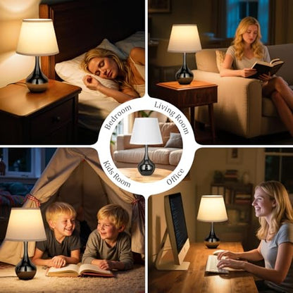 Seealle Touch Table Lamp for Bedroom, 3-Way Dimmable Small Bedside Lamps for Night Stands with Wires, Gloss Black Desk Lamp for Kids Room, Office, Living Room, End Table(LED Bulb Included) - color: F. White Shade & Pearl-black Base