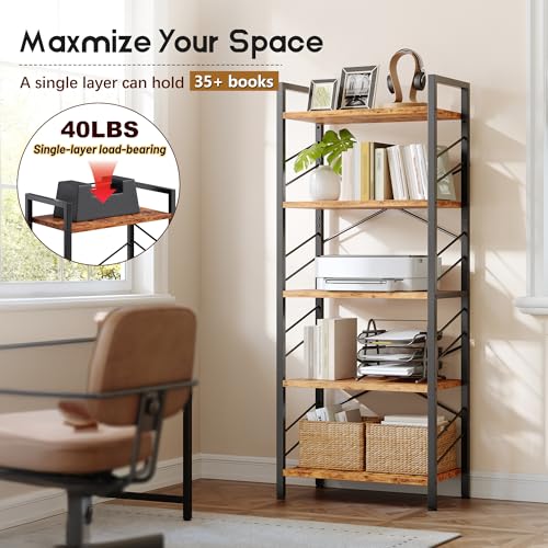 DurayLoly 2 Pieces 5 Tier Bookshelf for Narrow Space, Rustic Brown | Small Space Dwellers , Sidebars and Metal Frame - color: Rustic Brown, size: 5 Tier - 2 pcs