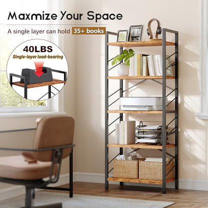 DurayLoly 2 Pieces 5 Tier Bookshelf for Narrow Space, Rustic Brown | Small Space Dwellers , Sidebars and Metal Frame - color: Rustic Brown, size: 5 Tier - 2 pcs