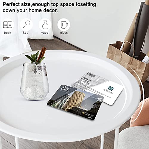 Garden 4 you End Table Metal Side Table Round Folding Tray Cyan Sofa Small Accent Fold-able Table, Round End Table Tray, Next to Sofa Table, Snack Table for Living Room and Bed Room,White - color: White