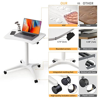 47" Mobile Standing Desk(26" W*19.3" D), Adjustable Height Laptop Desk, Pneumatic Desk with Gas Spring Riser, Podium for Home, Office，Classroom，Medical, (29" to 46.9" H) (White)