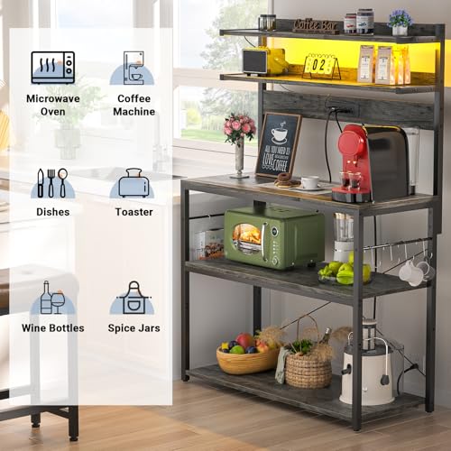 Aheaplus Bakers Rack with Power Outlet, Microwave Stand, 5 Tiers Coffee Bar Station with Led Lights, Kitchen Storage Shelf with 6 S-shaped Hooks, Kitchen Rack Coffee Bar Stand, Grey Oak - color: Black Oak, size: 31.5 inch