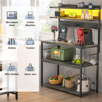 Aheaplus Bakers Rack with Power Outlet, Microwave Stand, 5 Tiers Coffee Bar Station with Led Lights, Kitchen Storage Shelf with 6 S-shaped Hooks, Kitchen Rack Coffee Bar Stand, Grey Oak - color: Black Oak, size: 31.5 inch