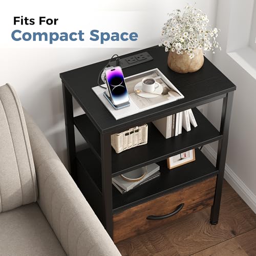 DUMOS Nightstand with Charging Station, Bedside Table with 1 USB-A, 1 USB-C & 2 AC Outlets, Fabric Drawer with Adjustable Open Shelf, Compact End Table for Bedroom, Black & Brown - color: Black and Brown, size: 15.7"Dx11.8"Wx23.4"H(1 Drawer, 1 Pack)