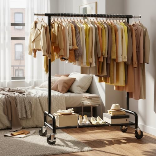 Raybee 75"W Heavy Duty Clothes Rack 450 LBS Rolling Garment Rack with Shelf | Expandable, Height Adjustable, Tool-free Assembly, 360° Lockable Wheels, Rolling Clothing Rack for Bedroom Laundry Room - color: Black, style: Rod Shelf