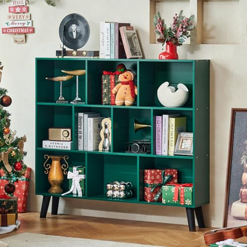 LEYAOYAO 10 Cube Bookshelf,Mid-Century Modern Bookcase with Legs,Dark Green | 3 Tier Book Shelf,Rustic Wood Bookshelves Freestanding Large Storage Organizer, Open Shelves for Bedroom, Living Room, Office - color: Dark Green, size: 10 Cube with Legs