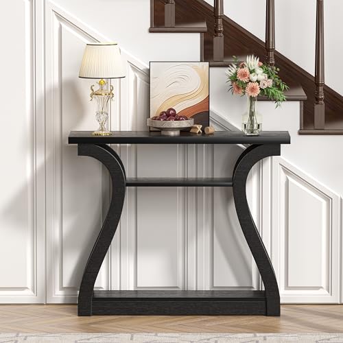 47" Wood Console Table for Entryway, Narrow Sofa Table with 3-Tier Shelves | Curved Legs Farmhouse Hallway Table, Skinny Console Table Behind Couch, Rustic Wooden Entry Table for Living Room (Black) - color: Black
