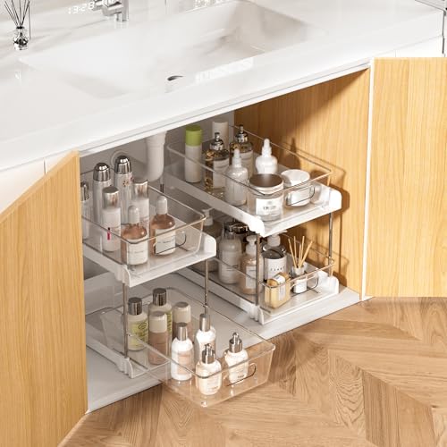 Vtopmart 2 Pack Bathroom Organizer, 2 Tier White Under Sink Organizers Vanity Countertop Storage Container,Cabinet Drawers Bins, Pull-Out Organization with Track for Pantry, Kitchen - color: White, size: S-Standard (2 Pack)