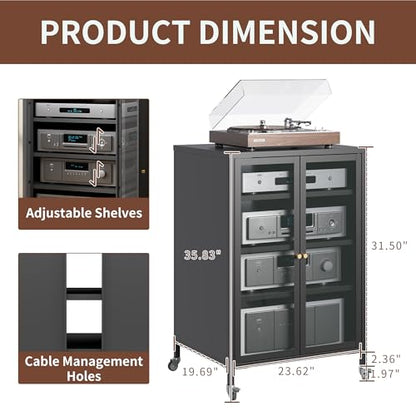 Heavy Duty 4-Tier Media Cabinet, Audio-Video Media Stand with Tempered Glass Doors, Metal Stereo Cabinets with 3 Adjustable Shelves, Storage Cabinet for Entertainment Stereo Component