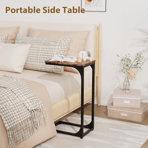 C Shaped End Tables Couch Table TV Trays Set of 2, 7" Wide, Rustic Brown | Small Thin Side Table Skinny Slide Under Couch Tray Tables for Sofa Bedroom Small Space - color: Rustic Brown, size: 7" Width