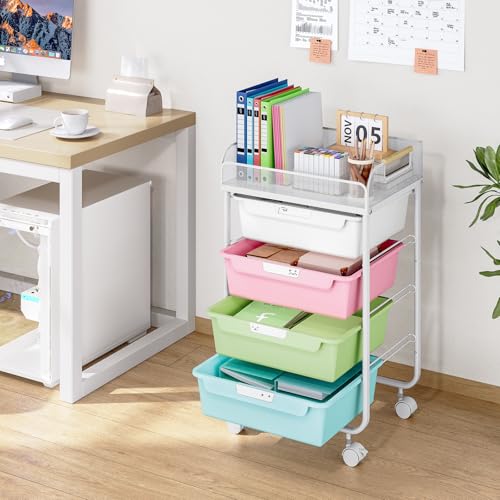 SYKIARIOL 4-Drawer Rolling Storage Cart with Mesh Top, Utility Craft Organizer Cart on Wheels with DIY Labels, Rolling Drawer Cart for Home Office Classroom Bedroom, Colourful - color: Rainbow