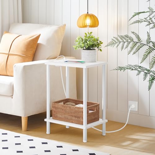 HOOBRO Side Table with Charging Station, Set of 2 End Tables with USB Port and Outlets, Nightstand with 2-Layer Storage Shelves for Small Spaces, Living Room, Bedroom, White WW09UBZP201 - color: White