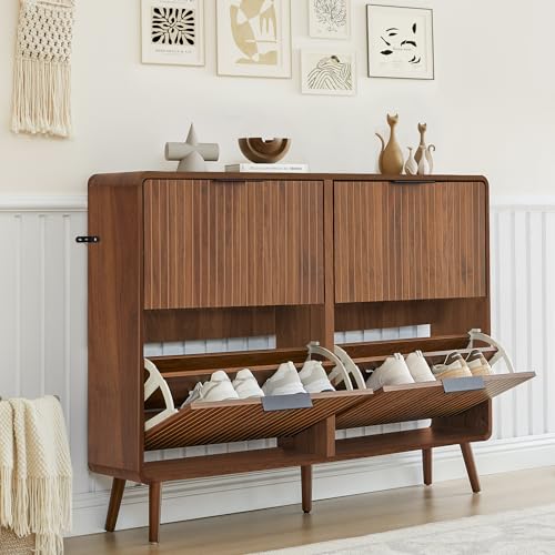 FurSch 47" Fluted Large Shoe Cabinet with 4 Flip Drawers, Slim Freestanding Shoe Cabinet Organizer, Narrow Shoes Storage Rack for Entryway, 5 Sturdy Legs (All Walnut, 9.45" D x 47.24" W x 35.83" H) - color: All Walnut, size: 4 Drawers