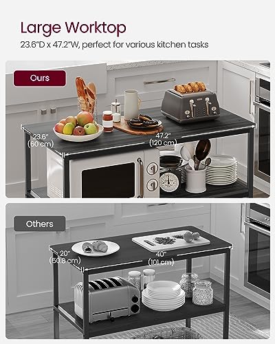 VASAGLE Kitchen Island with 3 Shelves, 47.2 Inches Width Kitchen Shelf with Large Worktop, Stable Steel Structure, Industrial, Easy to Assemble, Ebonised Oak and Black UKKI001B42 - color: Ebonised Oak + Black, size: 47.2"W x 35.4"H, style: without Power O