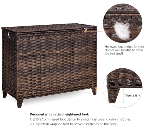 Laundry Hamper with 4 Removable Liner Bags; 176L Handwoven Rattan Laundry Basket with Lid & Heightened Feet; Clothes Hamper with Side Handles - color: Brown, size: 176L-4 Section