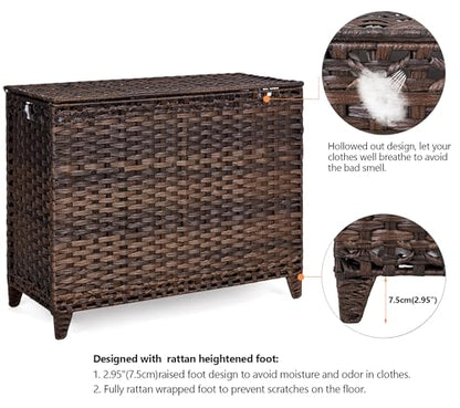 Laundry Hamper with 4 Removable Liner Bags; 176L Handwoven Rattan Laundry Basket with Lid & Heightened Feet; Clothes Hamper with Side Handles - color: Brown, size: 176L-4 Section