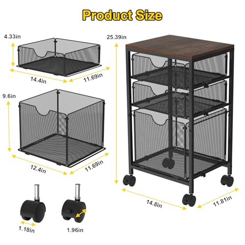 BOHDK Rolling File Cart with 3 Storage Drawers, Wood & Mesh Hanging File Folder Organizer with Wheels Under Desk, File Cabinets for Home Office, 11.81" D x 14.8" W x 25.39" H, Black - color: Rustic Brown & Black