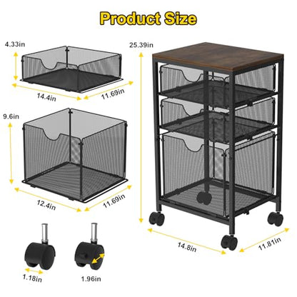 BOHDK Rolling File Cart with 3 Storage Drawers, Wood & Mesh Hanging File Folder Organizer with Wheels Under Desk, File Cabinets for Home Office, 11.81" D x 14.8" W x 25.39" H, Black - color: Rustic Brown & Black