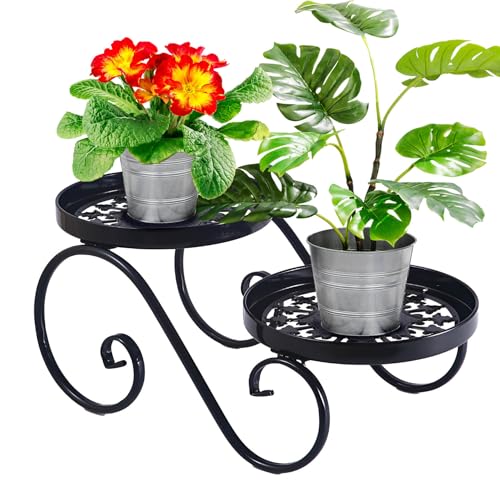 2 Tier Black Plant Stand, Metal Flower Stand Indoor Outdoor | Anti-Rust Iron Plant Shelf, Round Flower Pot Stands for Multiple Plants, Display Rack Plant Holders for Garden Home Decor