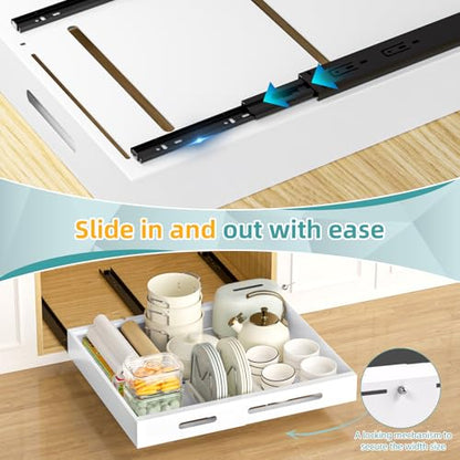 HBL' 1 Pack | 21" Deep Pull Out Cabinet Organizer Adhesive, (13.8" to 22.0") Width Expandable Sturdy Carbon Steel Roll-Out Drawers, Designed for Frameless Cabinets, Slide-Out Shelves for Pantry. - size: 21"D x (13.8" to 22.0)"W x 3.1"H