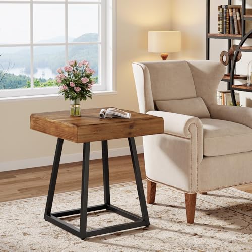 Solid Wood End Table, 19.7" Square Side Table with Metal Frame, Industrial Nightstand for Living Room, Bedroom, Small Spaces