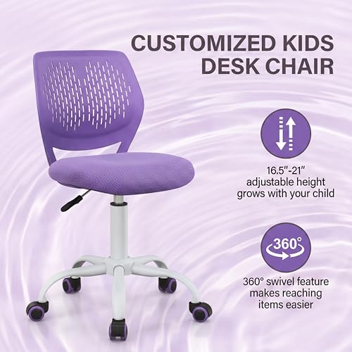 Costzon Kids Desk Chair, Armless Height Adjustable Kids Computer Chair w/Elastic Sponge Filling, Ergonomic Backrest & Stable 5-Point Wheels, Children Rolling Swivel Chair for Studyroom (Purple) - color: Purple