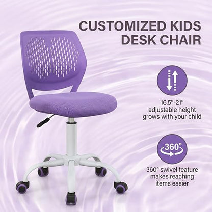 Costzon Kids Desk Chair, Armless Height Adjustable Kids Computer Chair w/Elastic Sponge Filling, Ergonomic Backrest & Stable 5-Point Wheels, Children Rolling Swivel Chair for Studyroom (Purple) - color: Purple