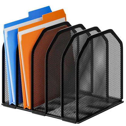 FUCDTEFC Desk File Organizer, Adjustable 5 Sections Upright Desktop Organizer File Sorter, Sturdy Metal Mesh Vertical Bookshelf File Holder Workspace Accessories for Home,School,Office Classroom,Black