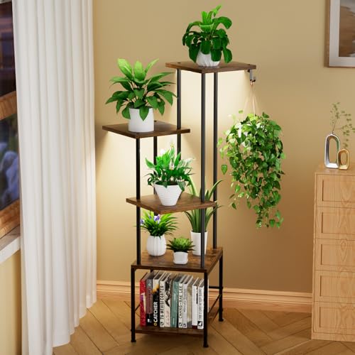 Homsorout Plant Stand Indoor with Grow Light - 5-Tier Metal Plant Shelf with Hanging Basket Hook, Corner Tall Flower Holder for Multiple Plants, Living Room Balcony Garden Patio, Rustic Brown - color: 5-Tiered Brown with grow light