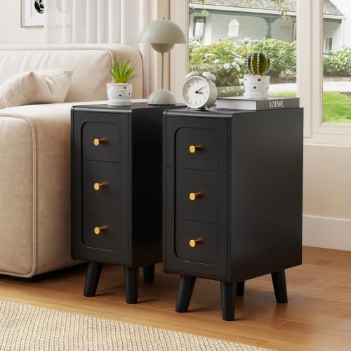 Small Nightstand Set of 2, Narrow Nightstand Slim Couch Side Table with Drawers, Wood End Tables with Storage for Living Room, Bedroom, Small Spaces (3Drawers-Black-2PCS) - color: Black-2pcs, size: 3 Drawers