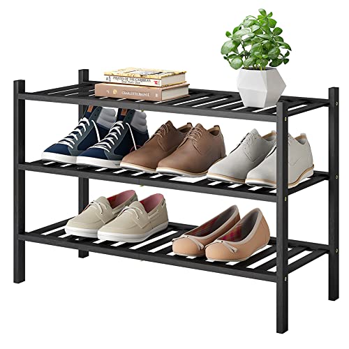 Shoe Rack, 3-Tier Bamboo Stackable Shoe Shelf Storage Organizer, Shoe Stand for Closet, Entryway and Hallway - color: Black, size: 3-Tier-Standard