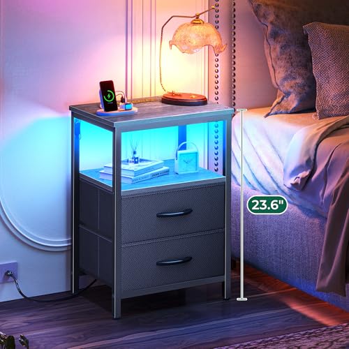 Huuger Night Stand with Charger Station and LED Lights, 2 Drawer Nightstand, Bed Side Table with Open Shelf, End Table, Fabric Dresser for Bedroom, Grey - color: Grey, size: 11.8"D x 15.7"W x 23.6"H（2 Drawers）